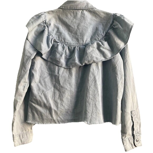 Long Sleeve Ruffle Denim Button Down Cropped Size Large Thick Material - Picture 4 of 6